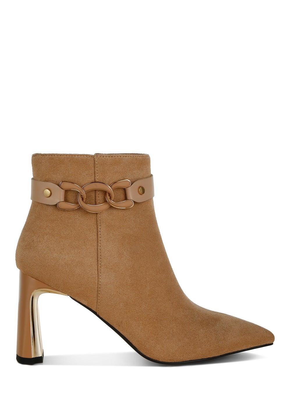 Sh5241 Beige Chain Belt Ankle Boots with Flared Heel - Image 1