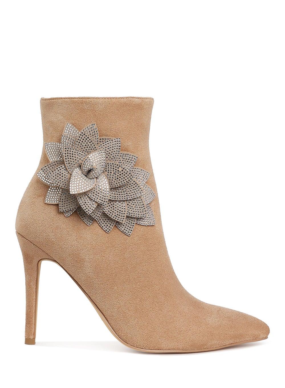 Sh5317 Beige Rhinestone Petal Stiletto Ankle Boots - Image 1