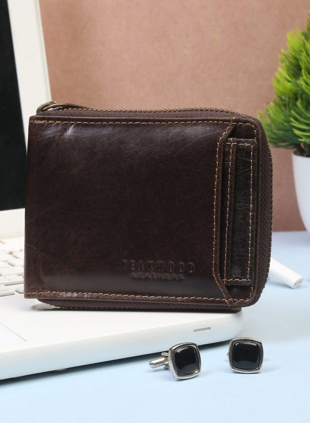 TEAKWOOD Choc Brown RFID Leather Zipper Wallet with Card Holder - Image 1
