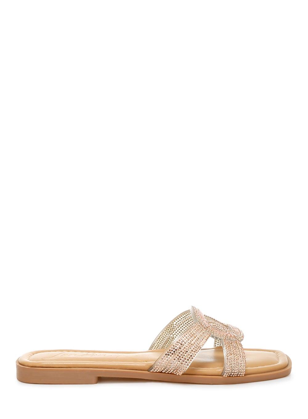Sh4858 Rose Gold Rhinestone Embellished Elegance Flat Sandals - Image 1