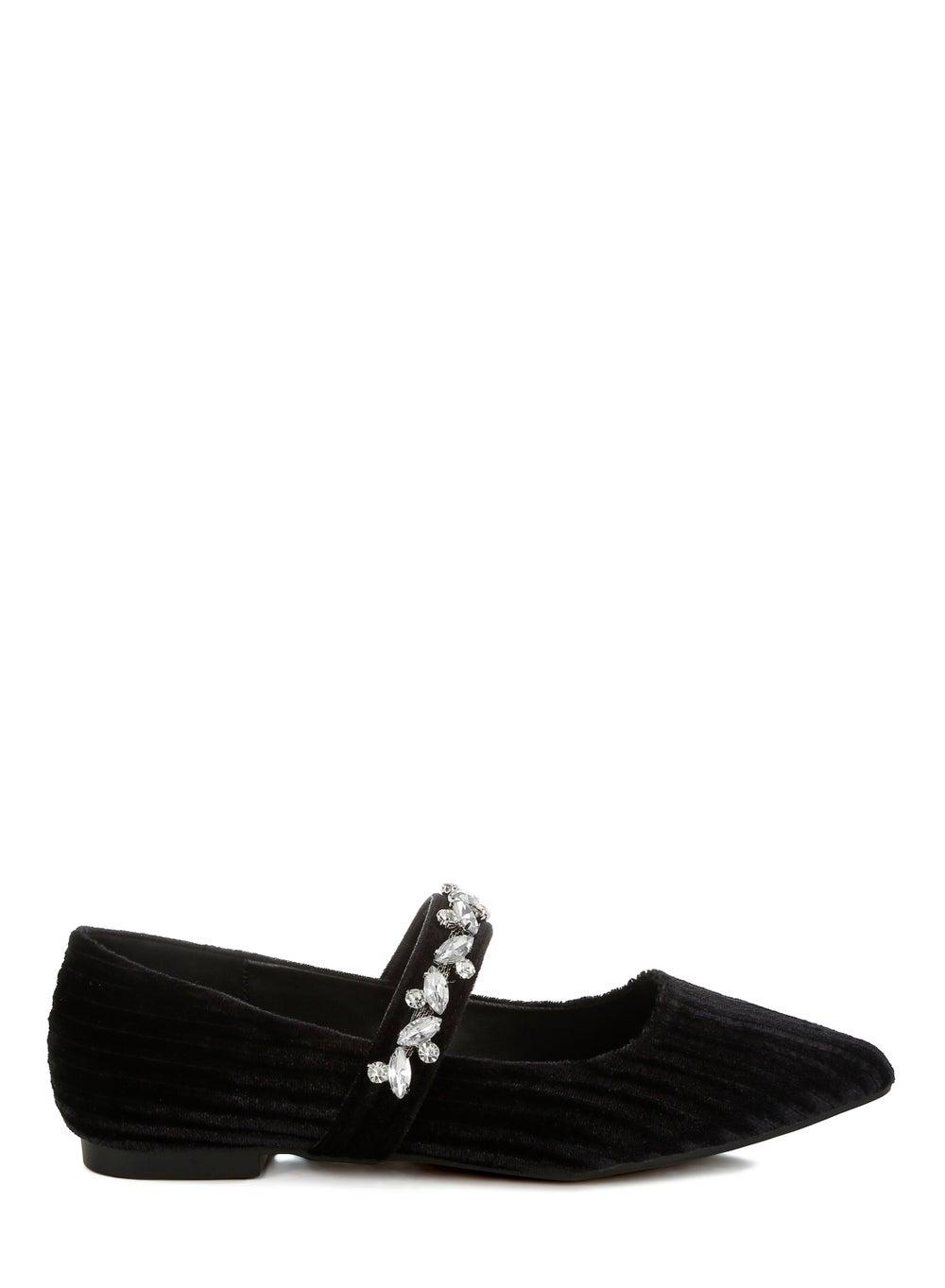 Sh5303 Black Velvet Diamante Brooch Ballerinas - Image 1