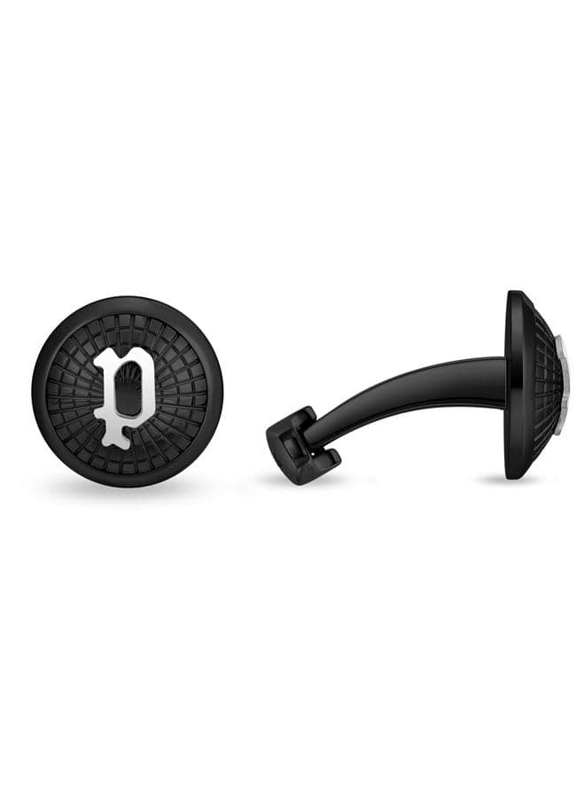 POLICE Black Decode Cufflinks: Silver 'P' Logo & Textured Design - Image 1