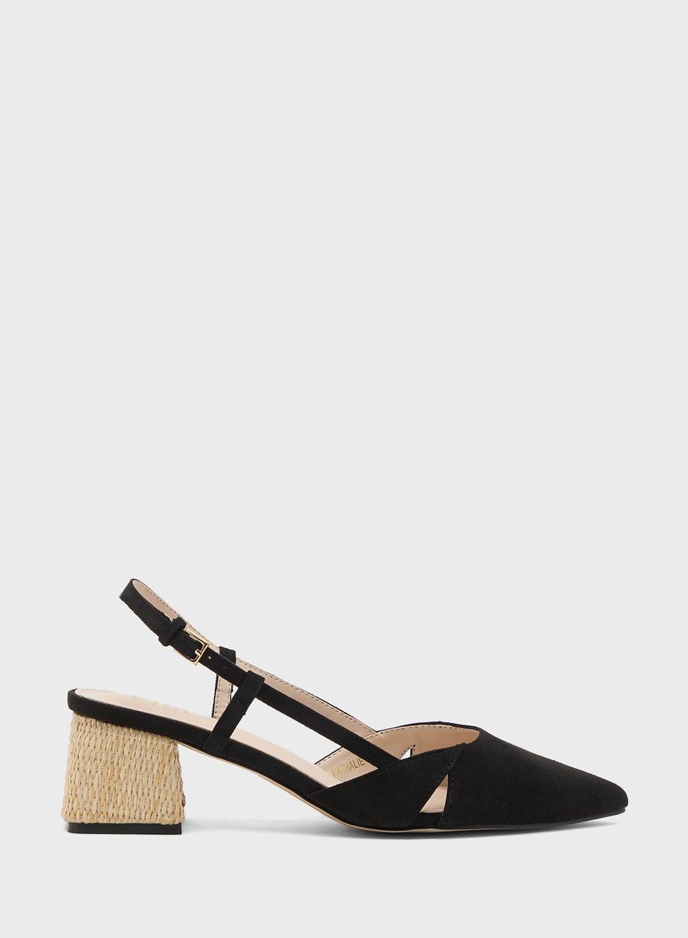 Elegant Black Suede Slingback Pump with Raffia Heel - Image 1