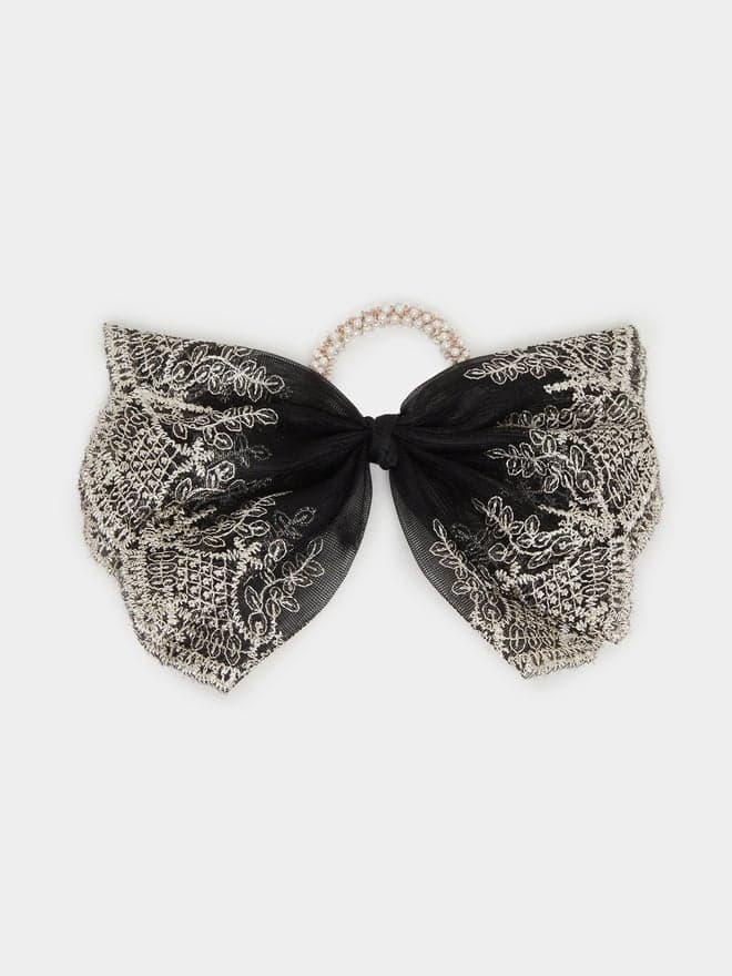 Elegant Oversized Lace Bow Hair Tie with Faux Pearl Accent - Image 1