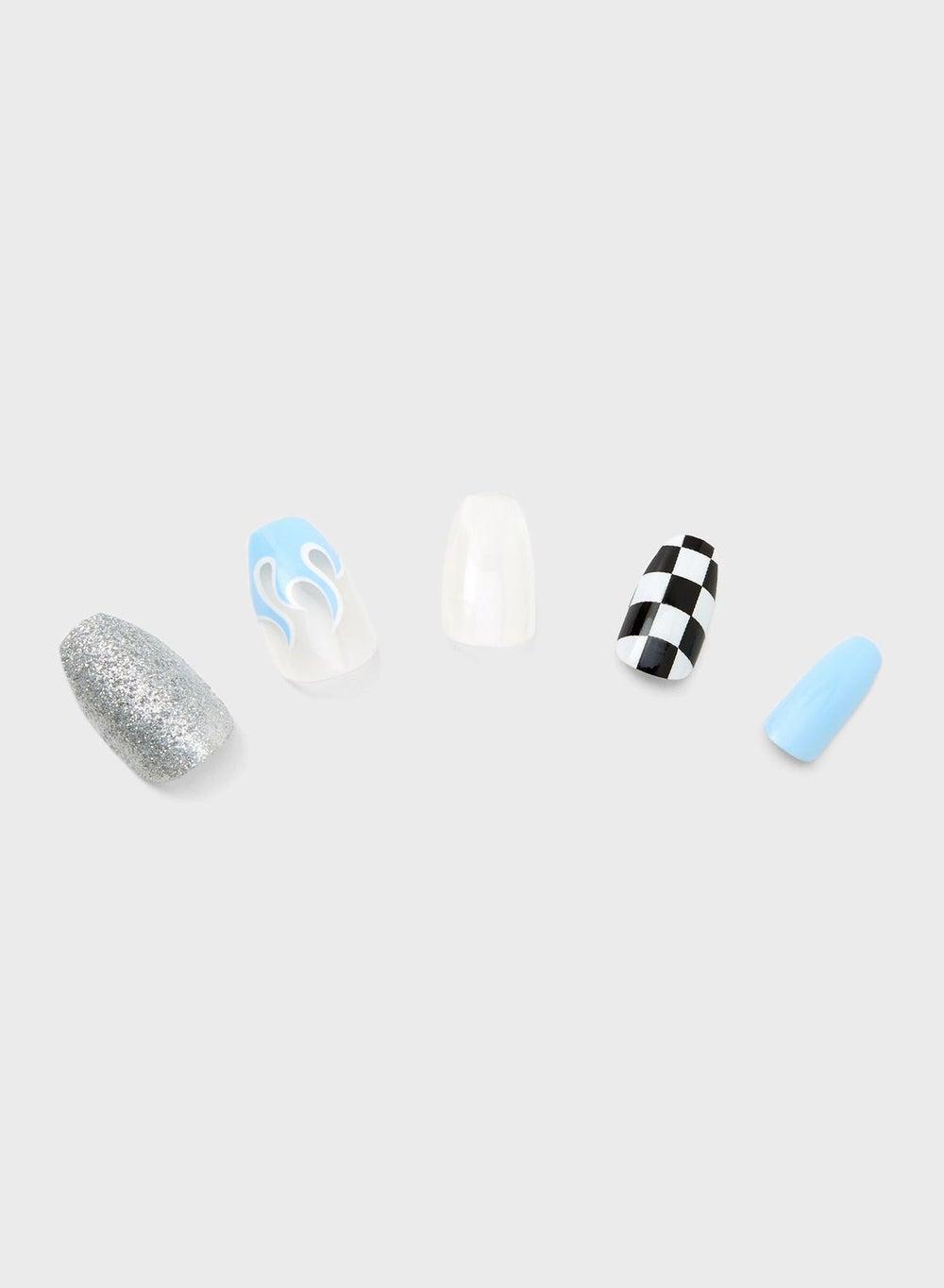 Blue Checkered Artistry Faux Nails - Image 1
