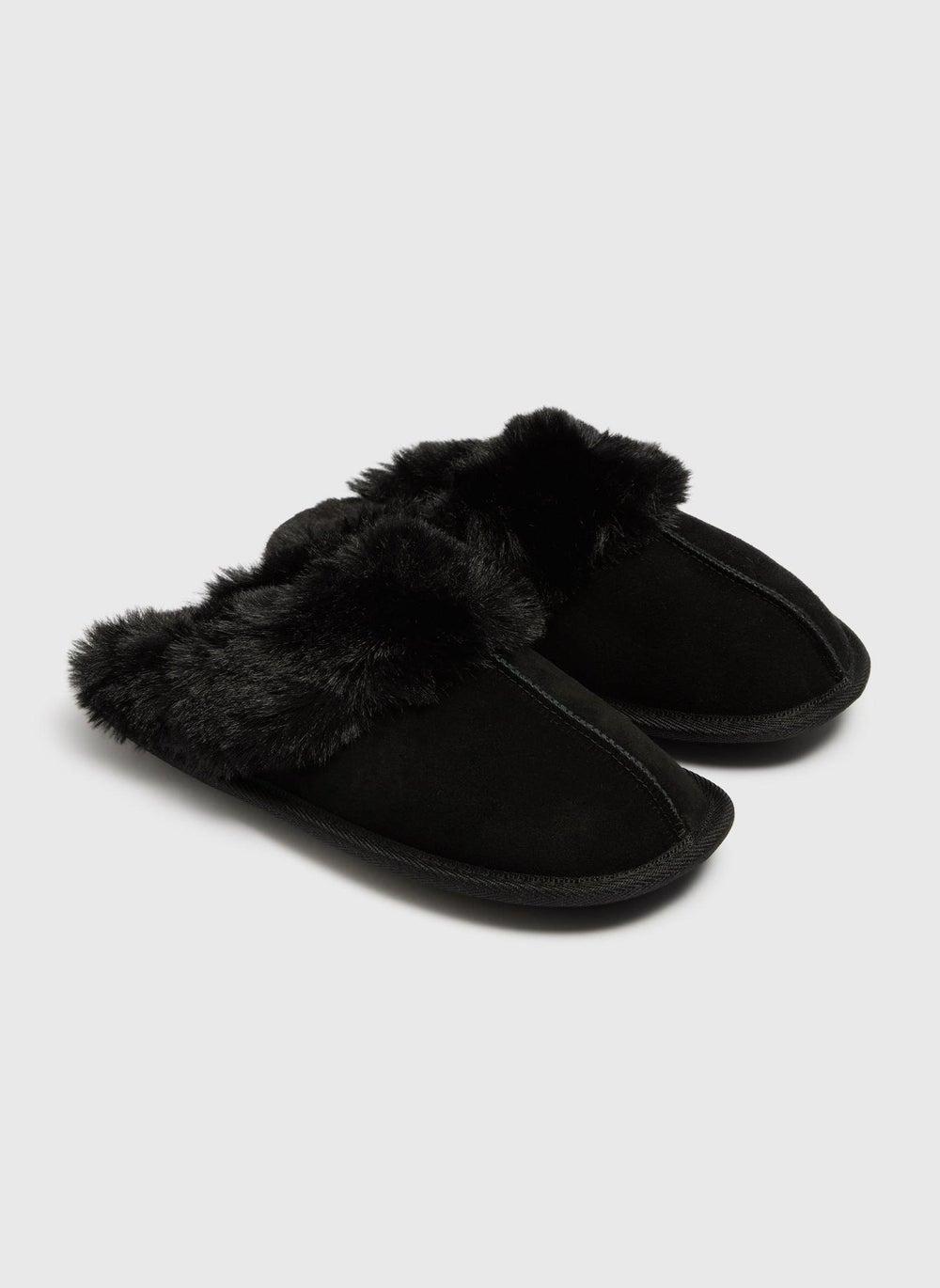Elegant Black Faux Suede Trim Mule Slippers for Daily Comfort - Image 1