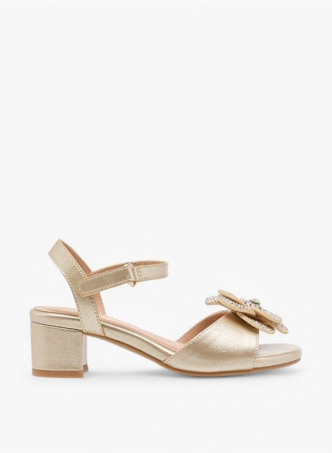 J04802 092Gold Elegant Floral Block Heel Sandals for Girls - Image 1