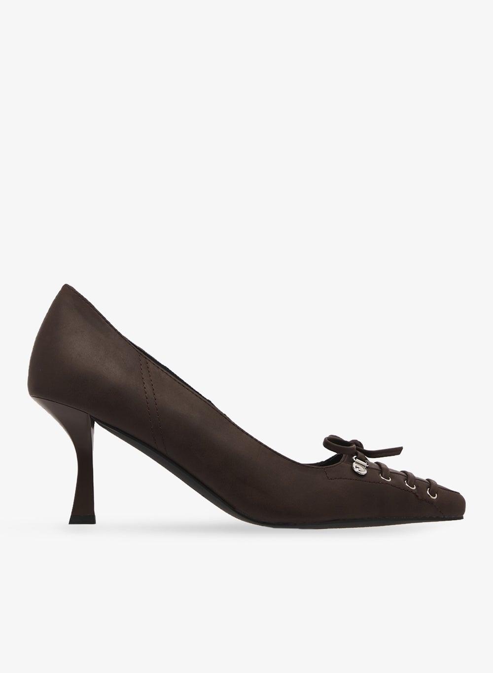 Sonica Lace-Detailed Mid Heel Pumps in Brown - Image 1