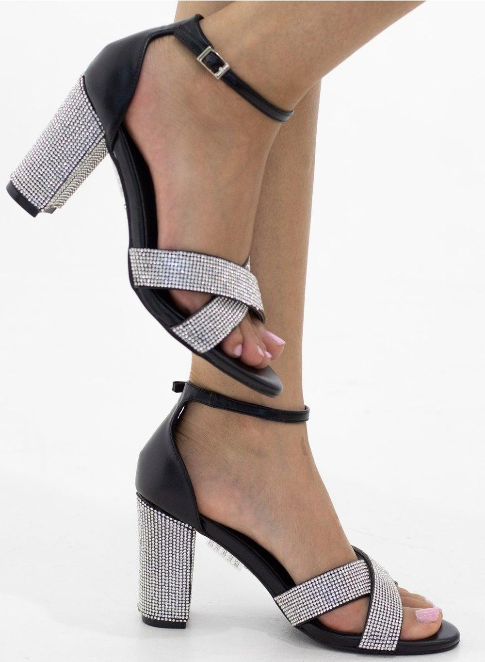 Romania Diamante Band Black Heeled Sandal - 9cm - Image 1