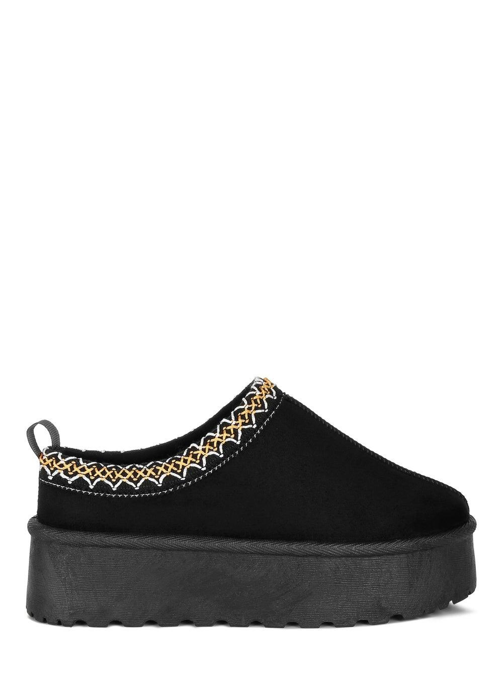 Sh4868 Black Embroidered Fur-Lined Platform Slippers - Image 1