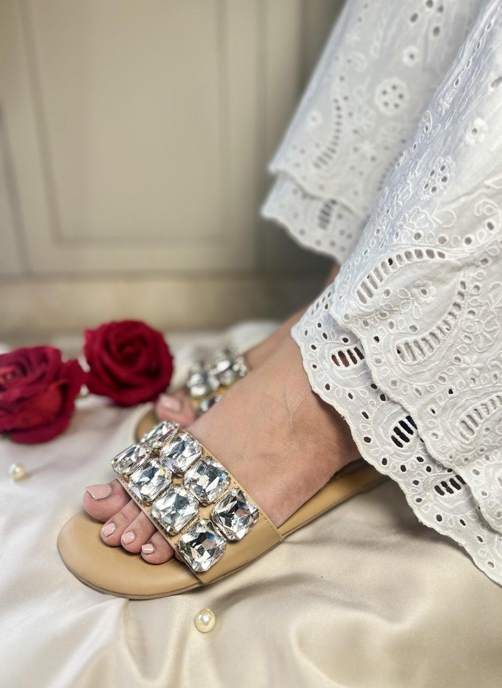 Elegant Beige Crystal-Embellished Slide Sandals - Image 1