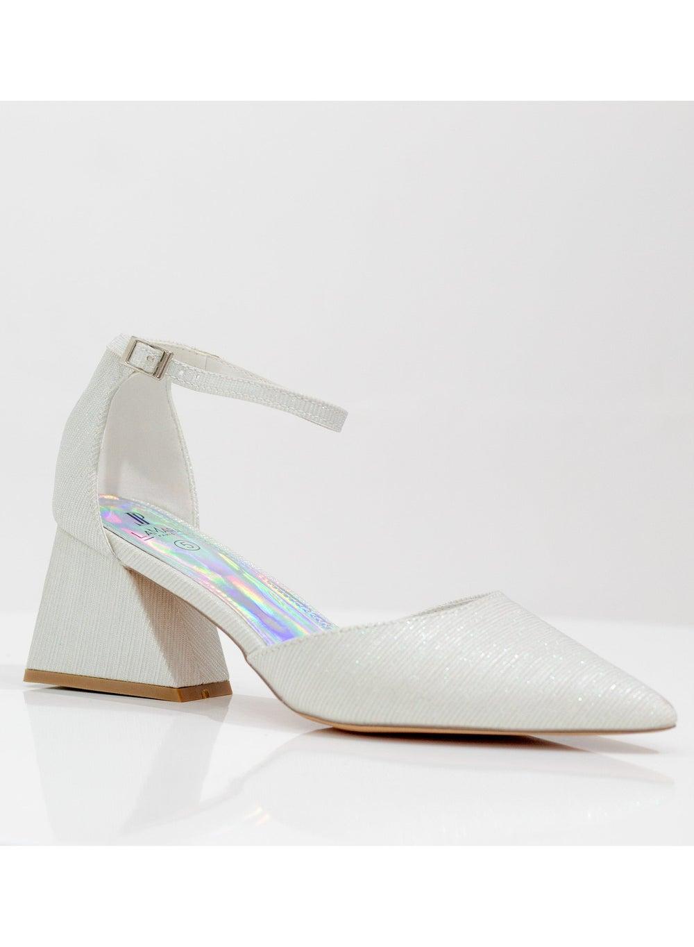 Mibala White Pointy Pumps with Shimmer Ankle Strap - Image 1