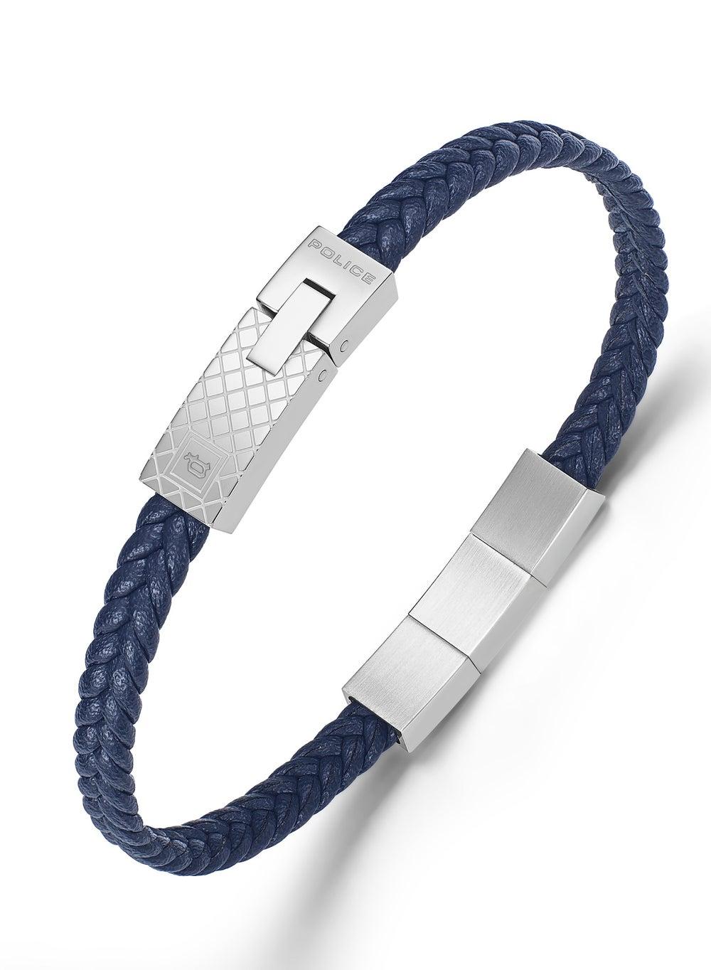 POLICE Intersect Stainless Steel & Navy Leather Bracelet - Image 1