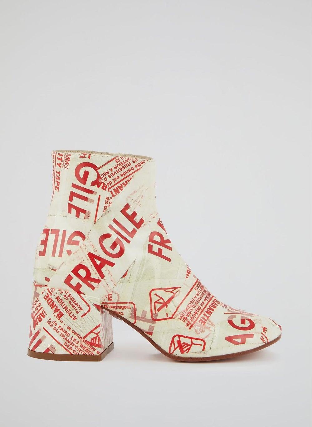 MM6 Text Print Chic Block Heel Ankle Boots - Image 1