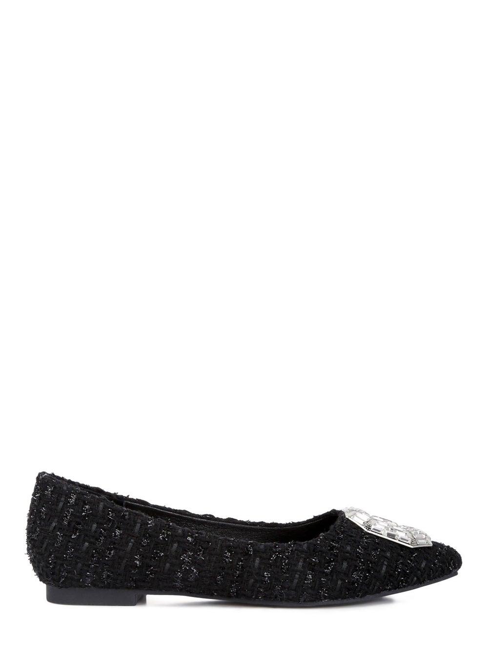 Sh4543 Black Tweed Jewel Buckle Ballet Flats - Image 1
