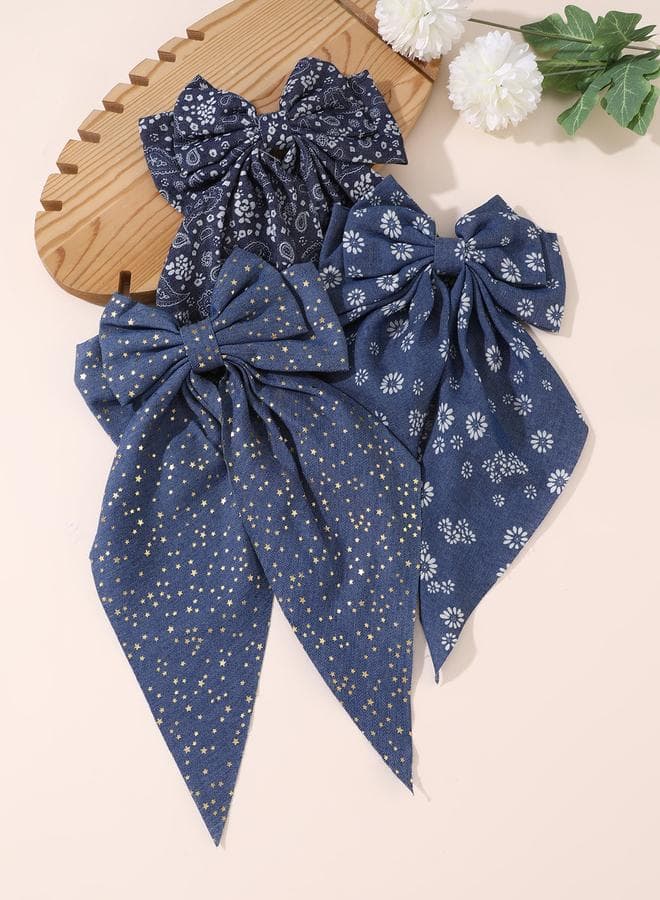 Floral Elegance Trio - Navy Floral & Star Ribbon Hair Clips - Image 1