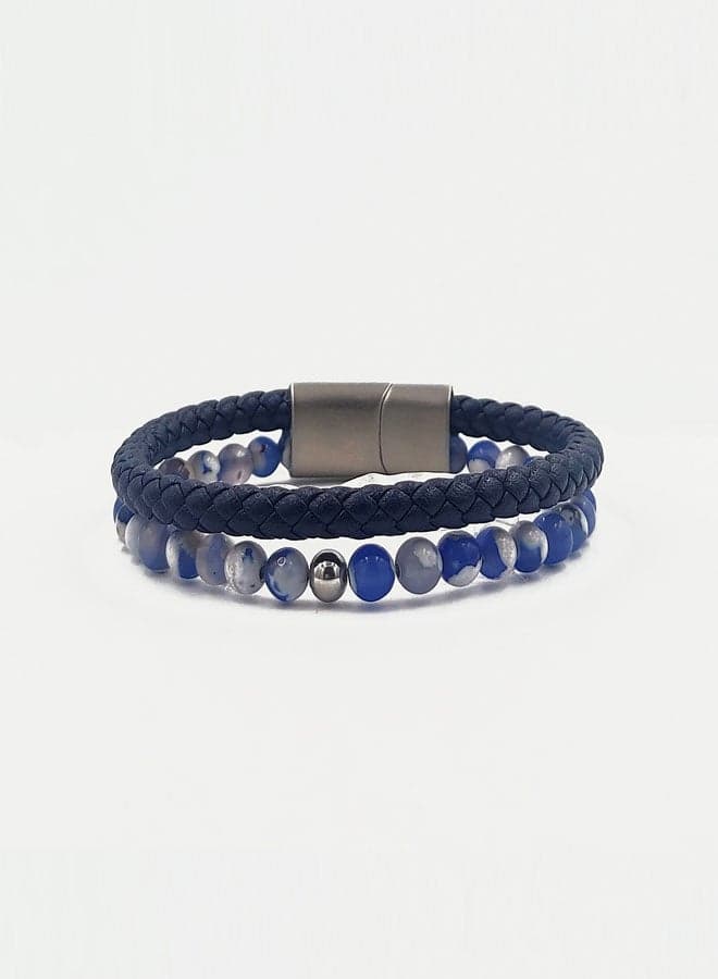 CHRYSOSTOMOS Double Blue Agate & Leather Men's Bracelet - Image 1