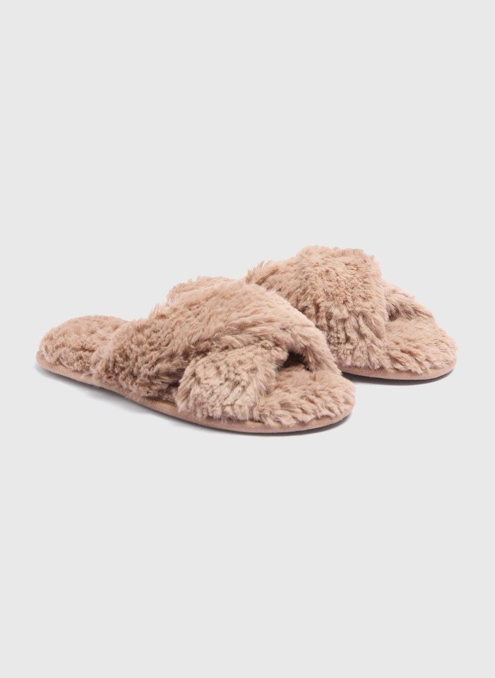 Brown Teddy Cross Strap Bedroom Slippers - Image 1