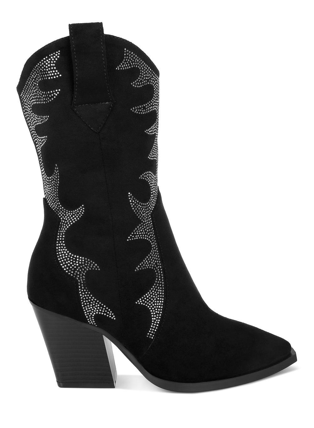 Sh5262 Black Rhinestone Calf Boots: Elegance Meets Edge - Image 1
