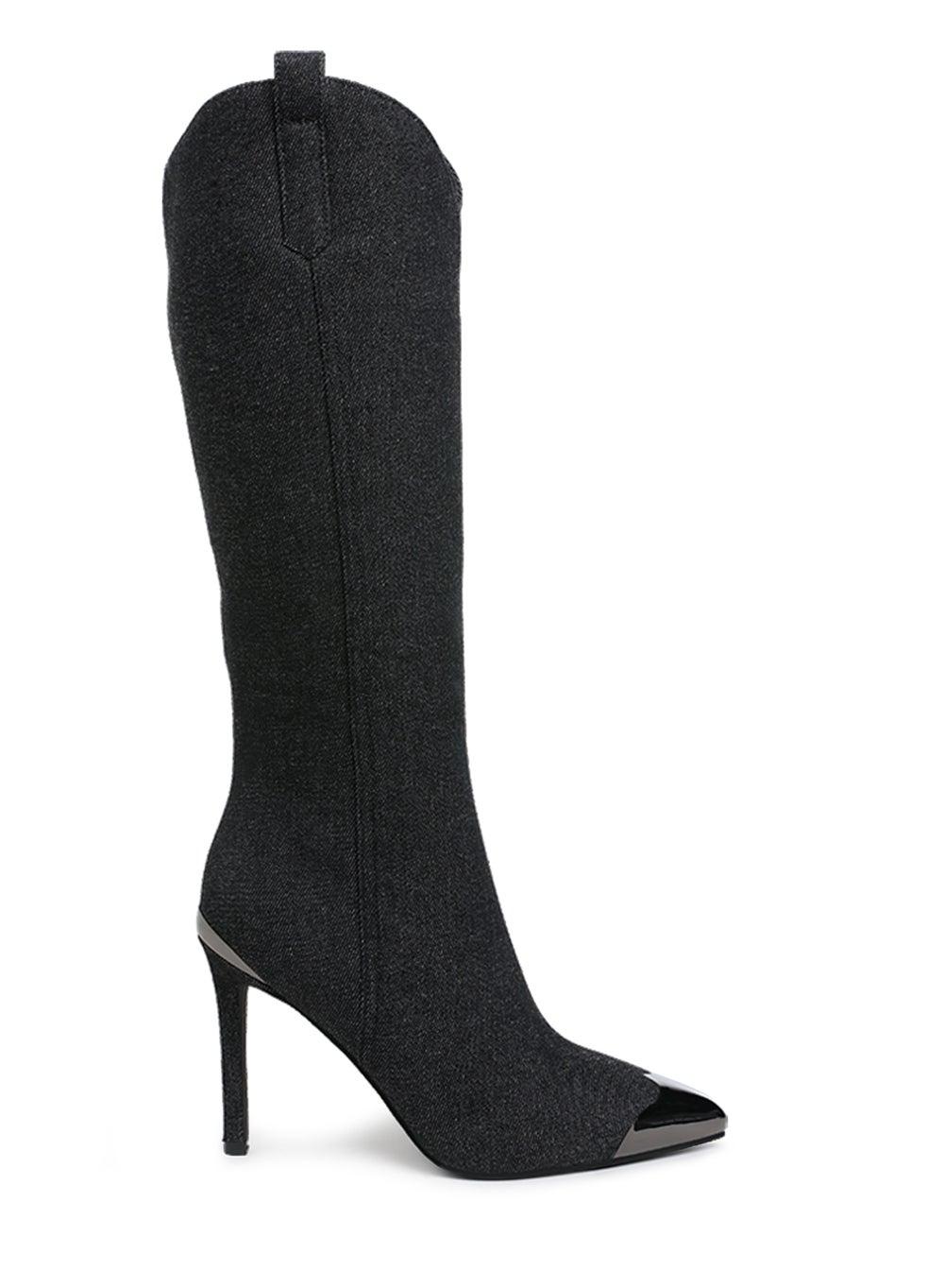 Sh5089 Black Metallic Cap Toe Denim Knee Boots - Image 1