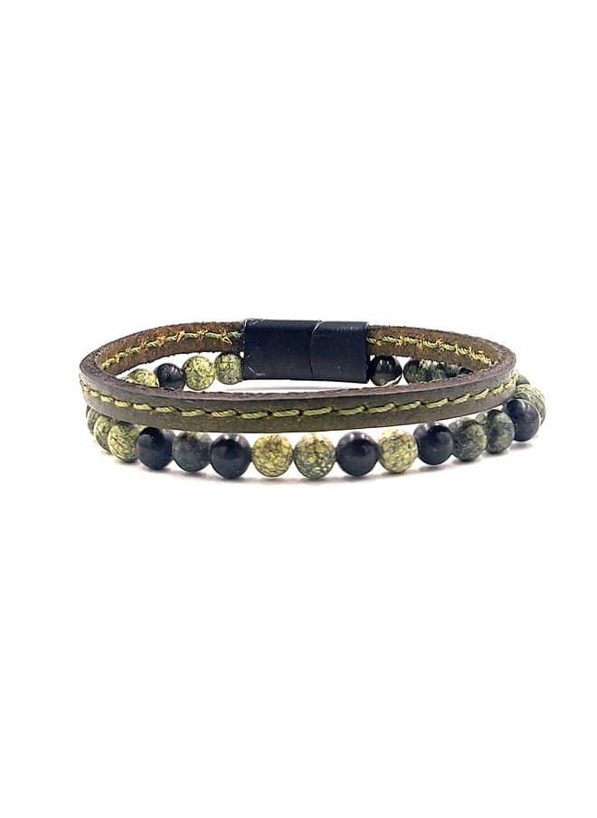 CHRYSOSTOMOS Double Green Leather & Larvikite Men's Bracelet - Image 1