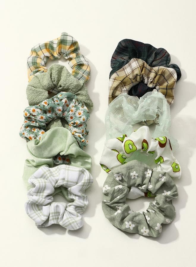 Elegant Green Printed Hair Tie 10-Pack - Image 1
