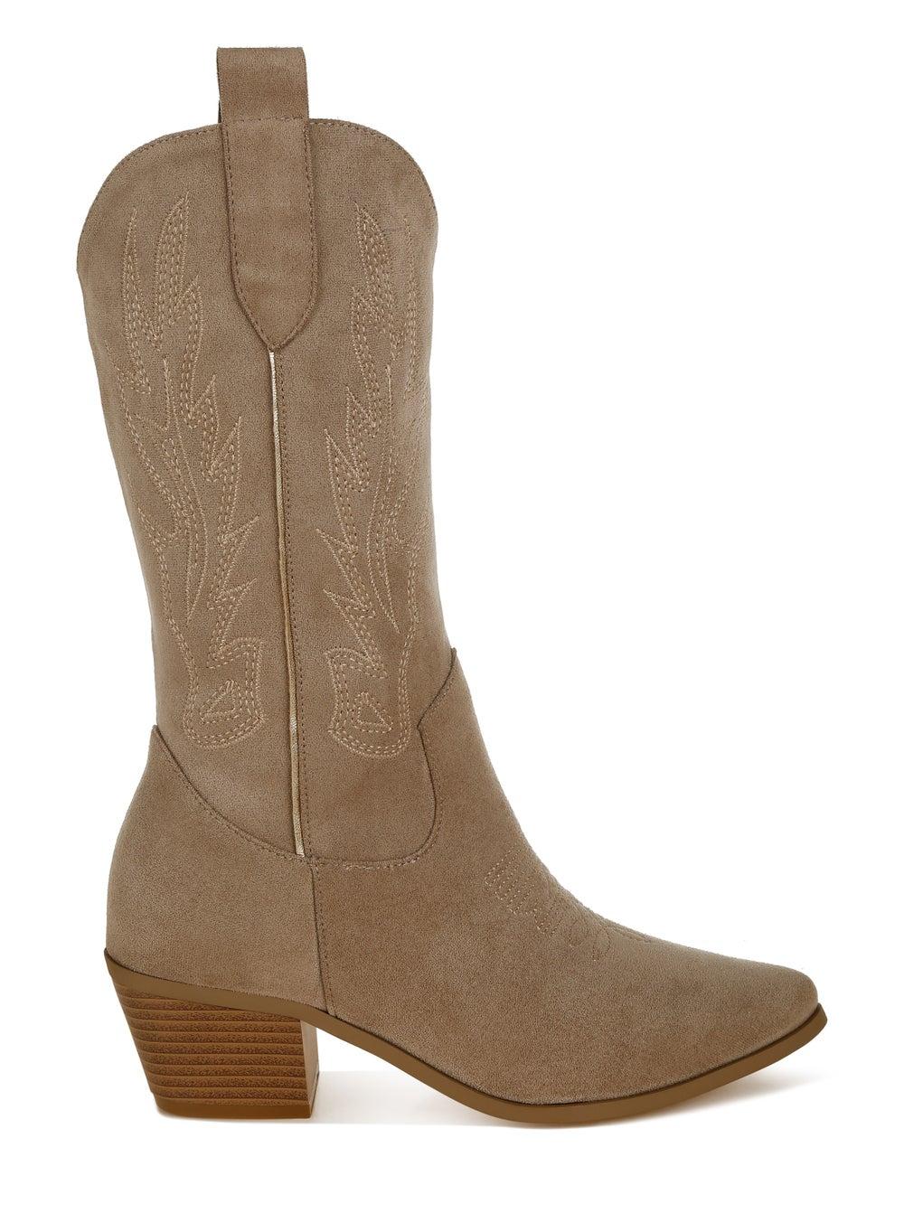Sh5260 Beige Embroidered Cowboy Ankle Boots - Image 1