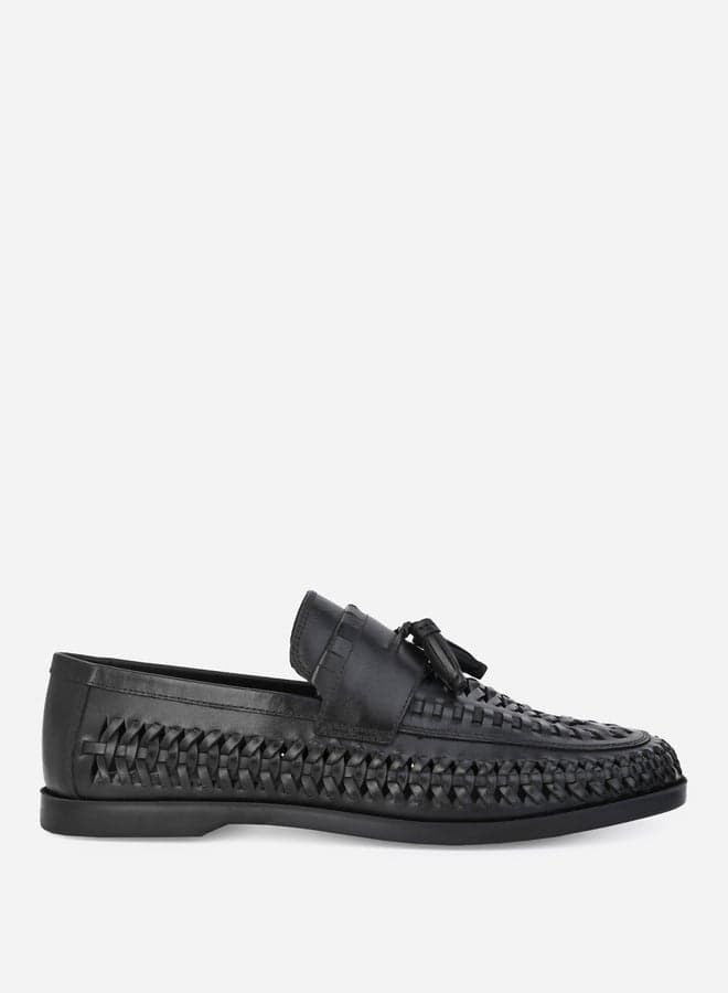 7009012301 - Styli Black Genuine Leather Woven Loafers - Image 1