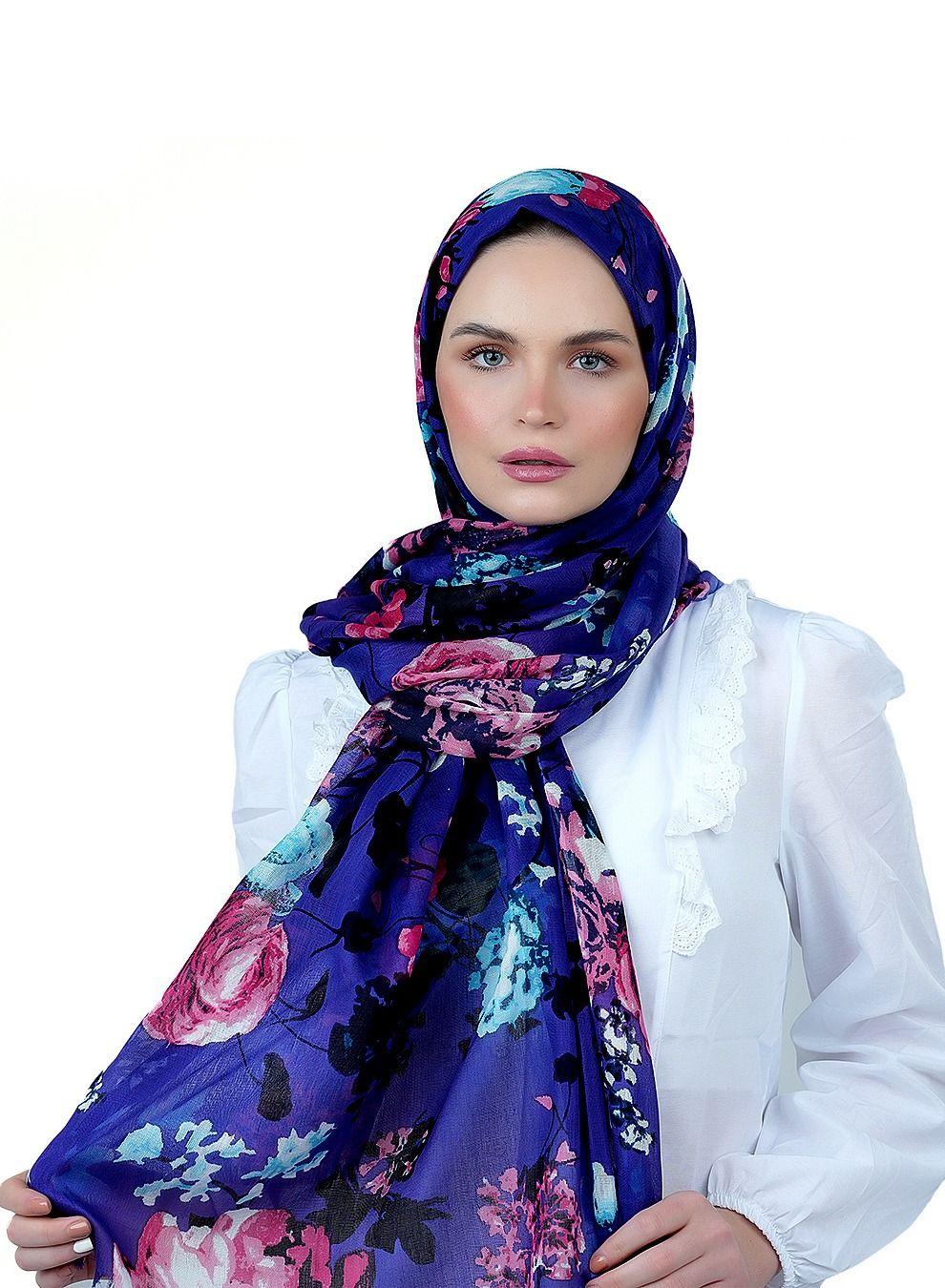 AMICA Blue Floral Hijab - Elegant Long Scarf in Soft Natural Fibers - Image 1