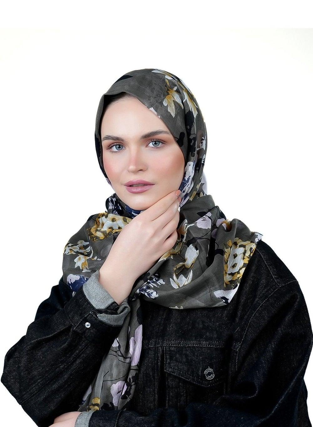 AMICA Stone - Elegant Dark Floral Long Hijab Scarf - Image 1