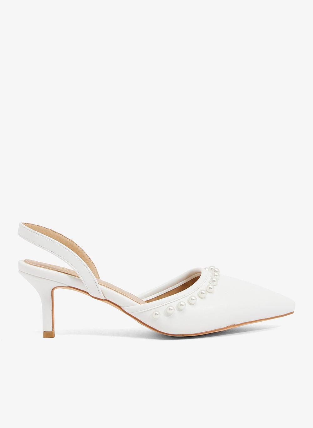 Mh44 Cream Pearl Trim Slingback Pumps Elegance - Image 1