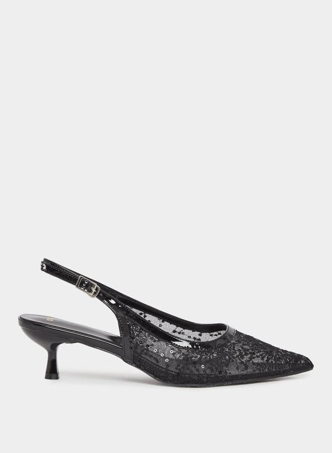 Styli Embroidered Slingback Kitten Heel Pumps - 7011367401Black - Image 1