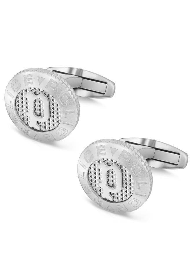 POLICE Urban Rebel Silver Stud Cufflinks with Iconic P Logo - Image 1