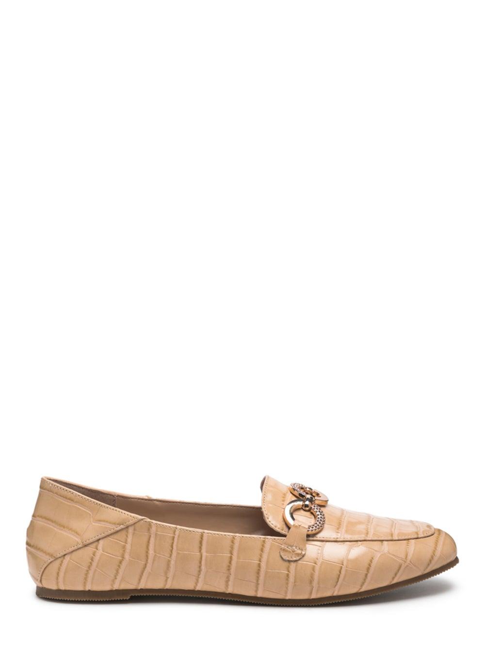 Sh2748 Beige Croc-Textured Loafers with Metal Show - Image 1