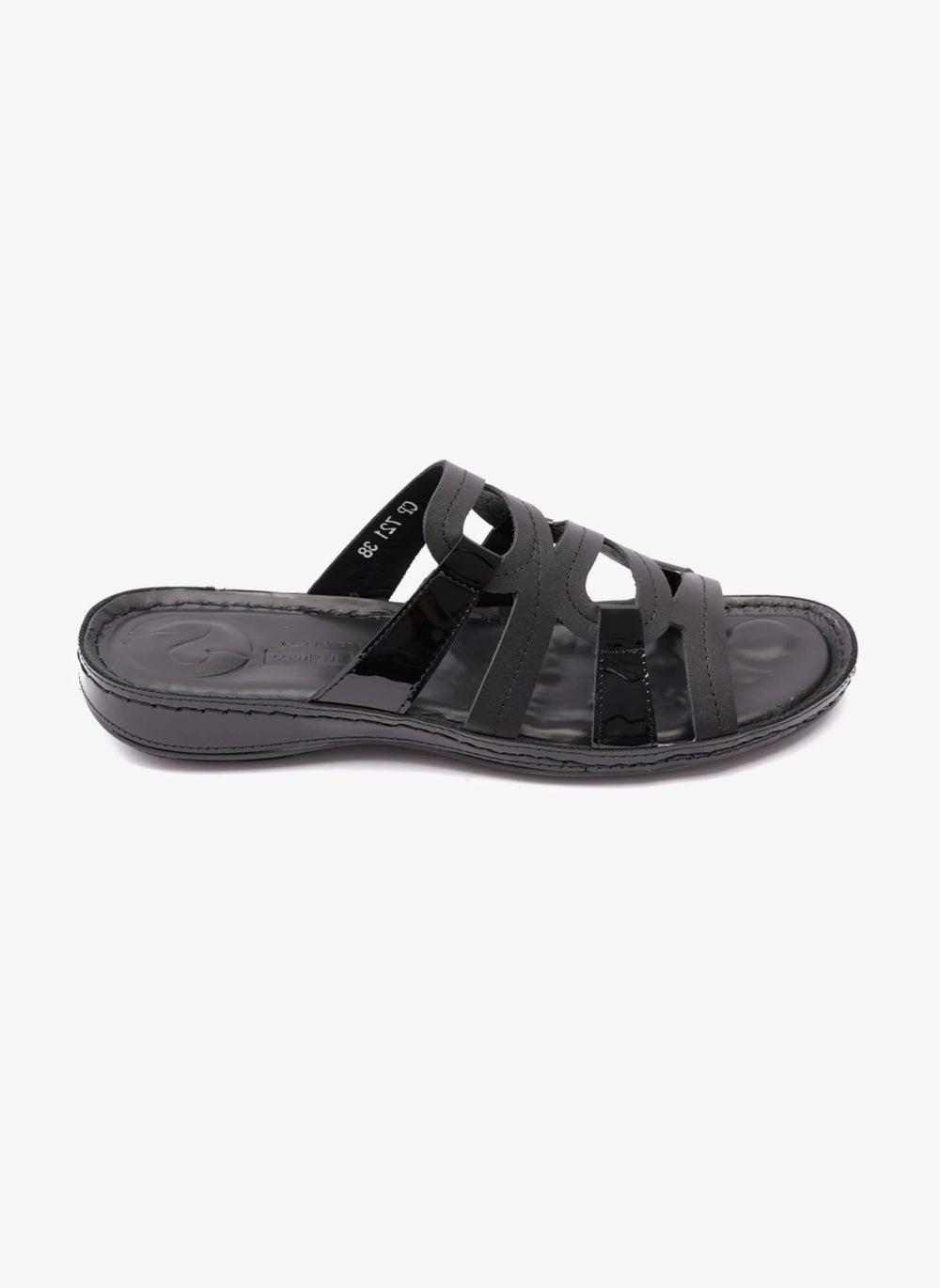 Comfort Plus Black Leather Flat Sandals for Ladies - Image 1