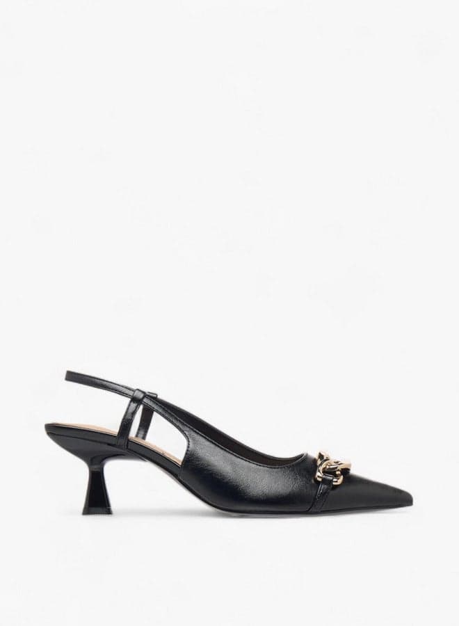 L14846 02 Black Kitten Heel Slingbacks with Metal Accent - Image 1