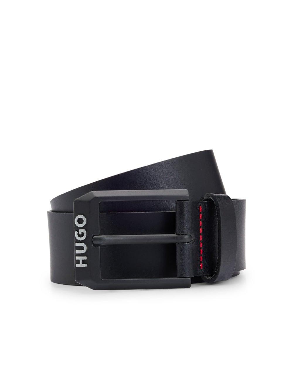 HUGO Matte Black Logo-Trim Leather Belt for Men - Image 1