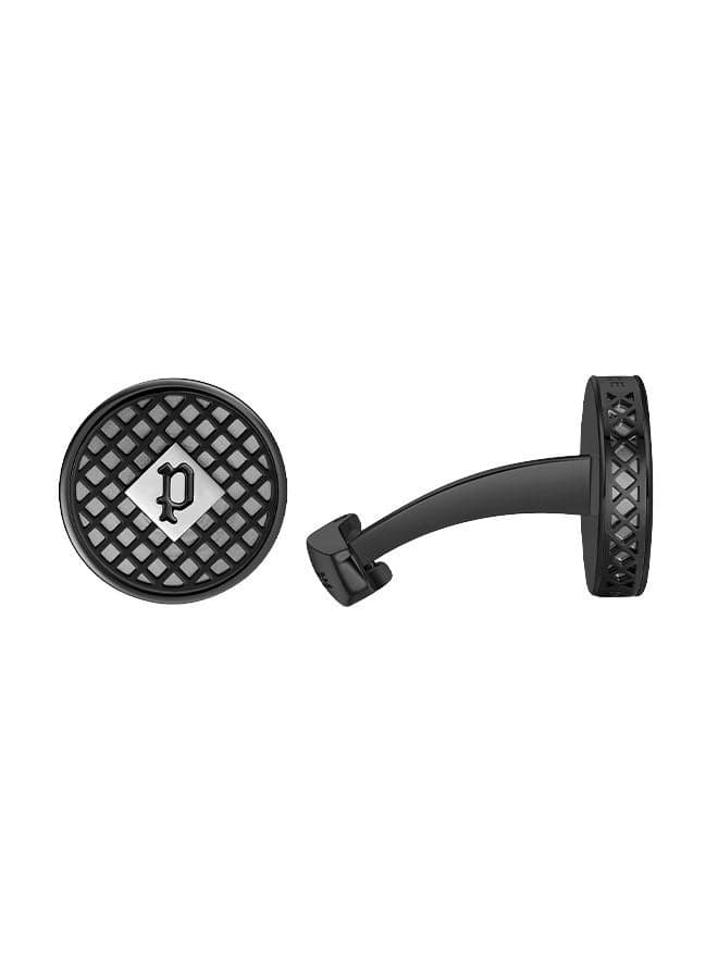 POLICE Tri-Color Net Cufflinks in Grey Black & Stainless Steel - Image 1