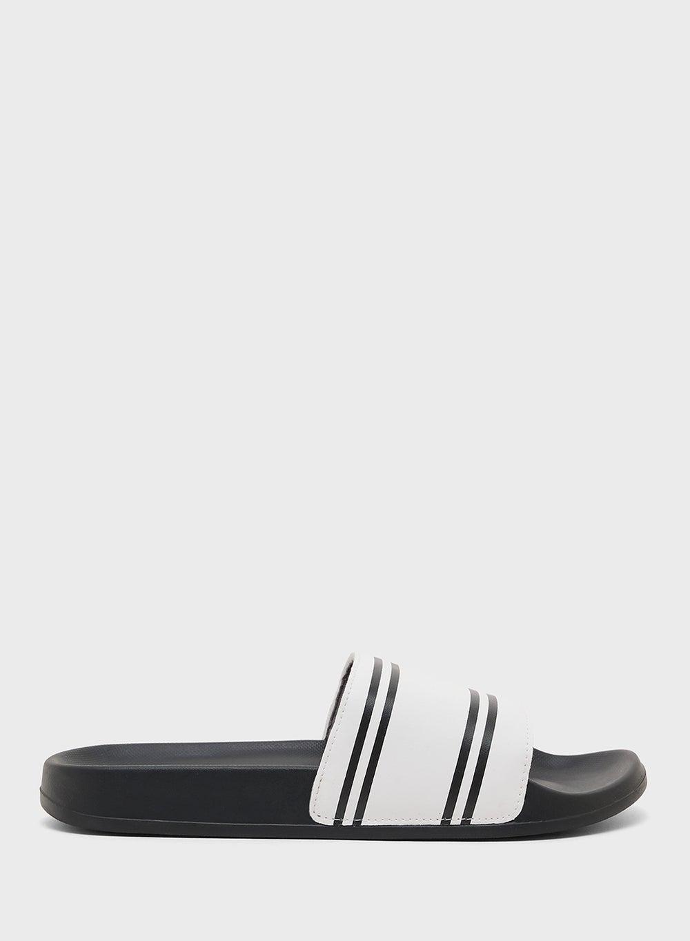 Nam 652 01 Elegant Off-White Slides with Black Stripes - Image 1