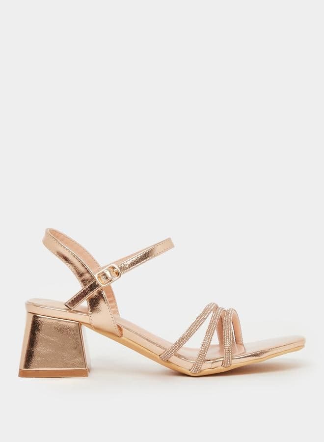Gold Embellished Strappy Heel Singback Sandals - Image 1