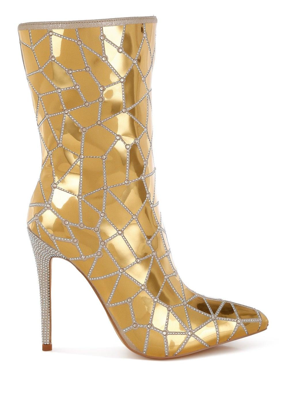 Sh5083 Gold Rhinestone-Encrusted Metallic Stiletto Boots - Image 1