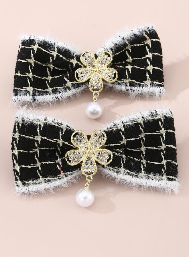 Elegant Faux Pearl and Tweed Bow Hair Clip Set of 2 - Image 1