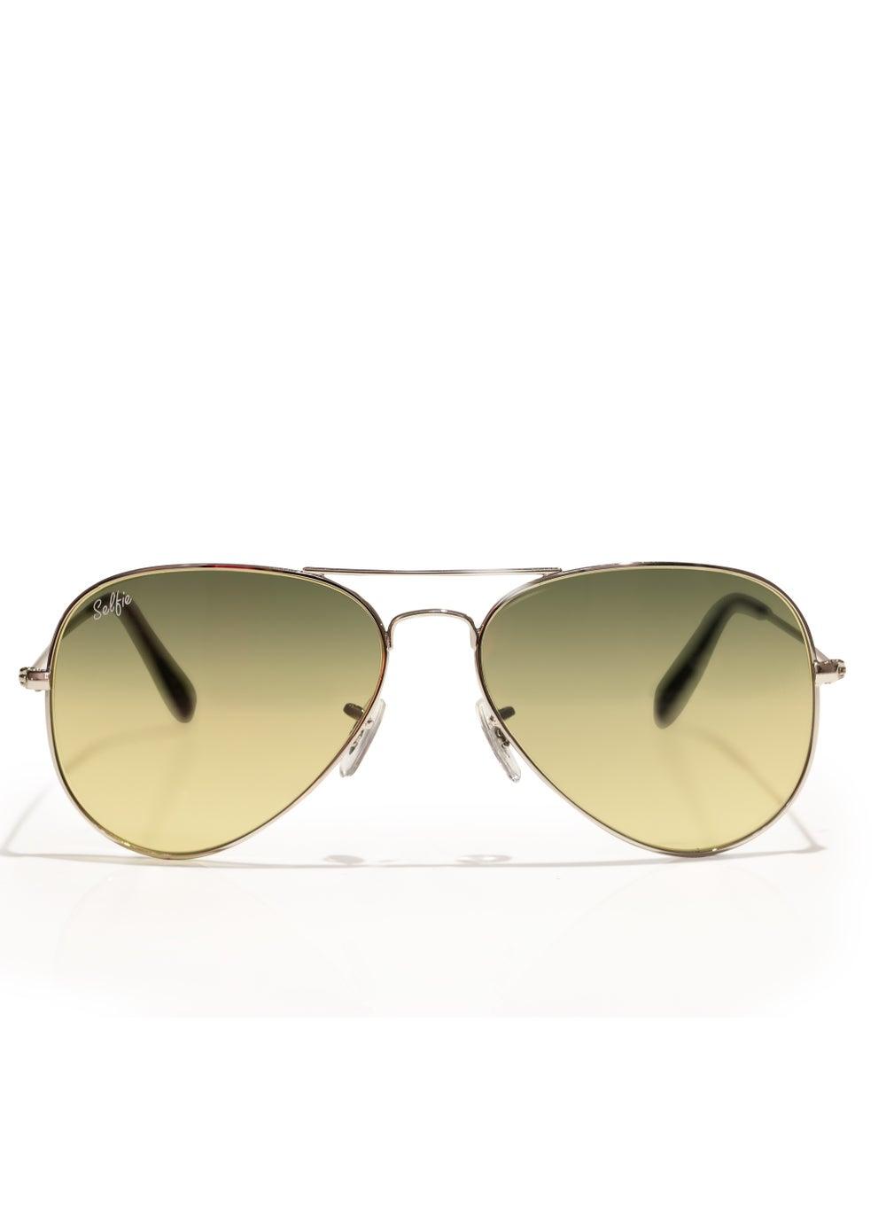 SE3025-026 Silver Metal Selfie Aviator Sunglasses - Green Hue - Image 1