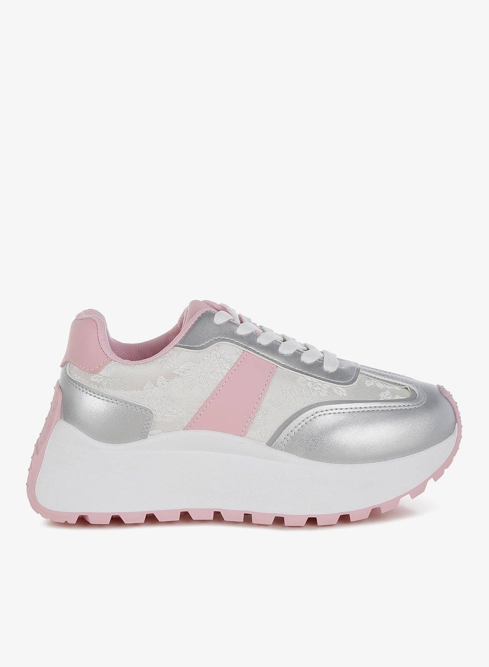 Sh5273 Silver Pink Embroidered Metallic Sneakers - Image 1