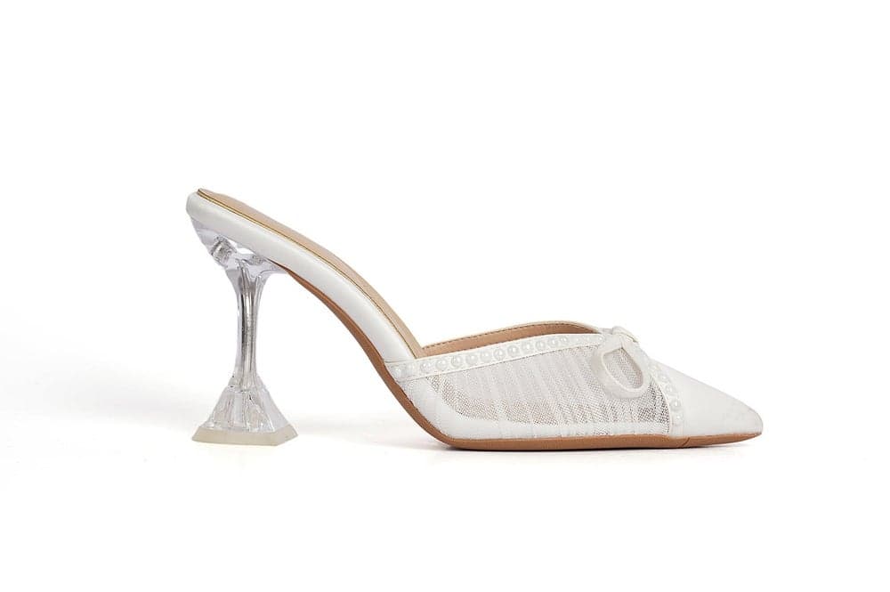 Elegant Off-White Mesh Mules with Mid Heel for Women - Image 1