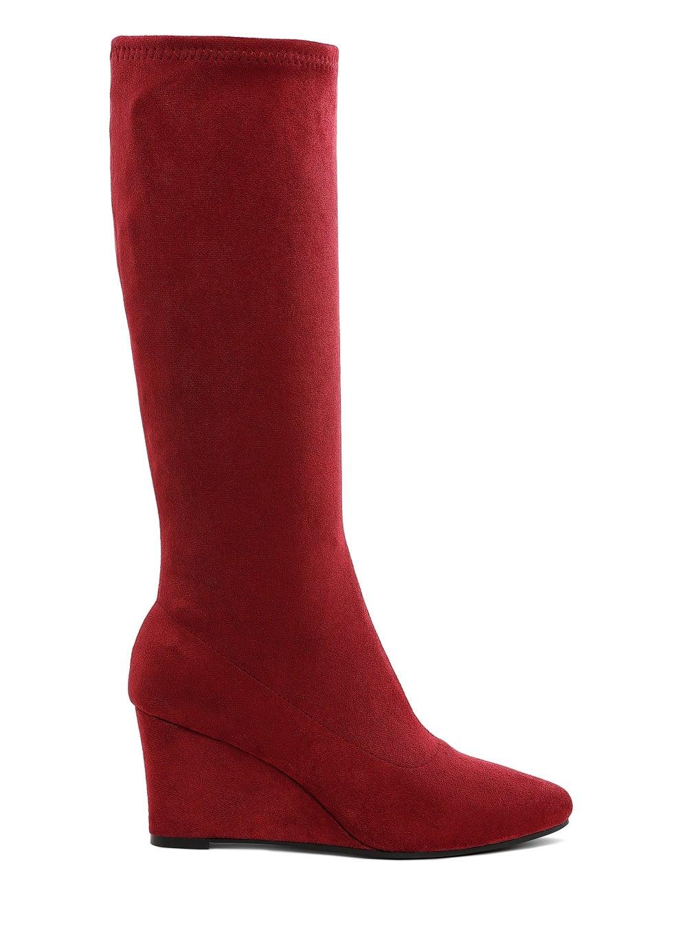 Elegant Dark Red SH5296 Microfiber Knee Boots - Image 1