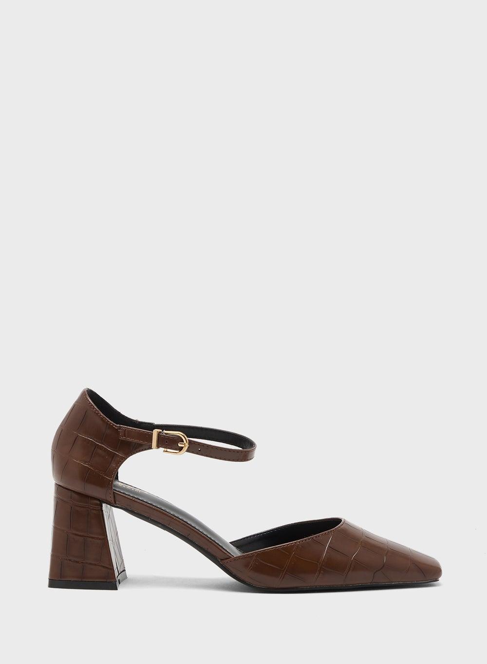 Elegant Brown Croc PU Block Heel Pumps for Women - Image 1
