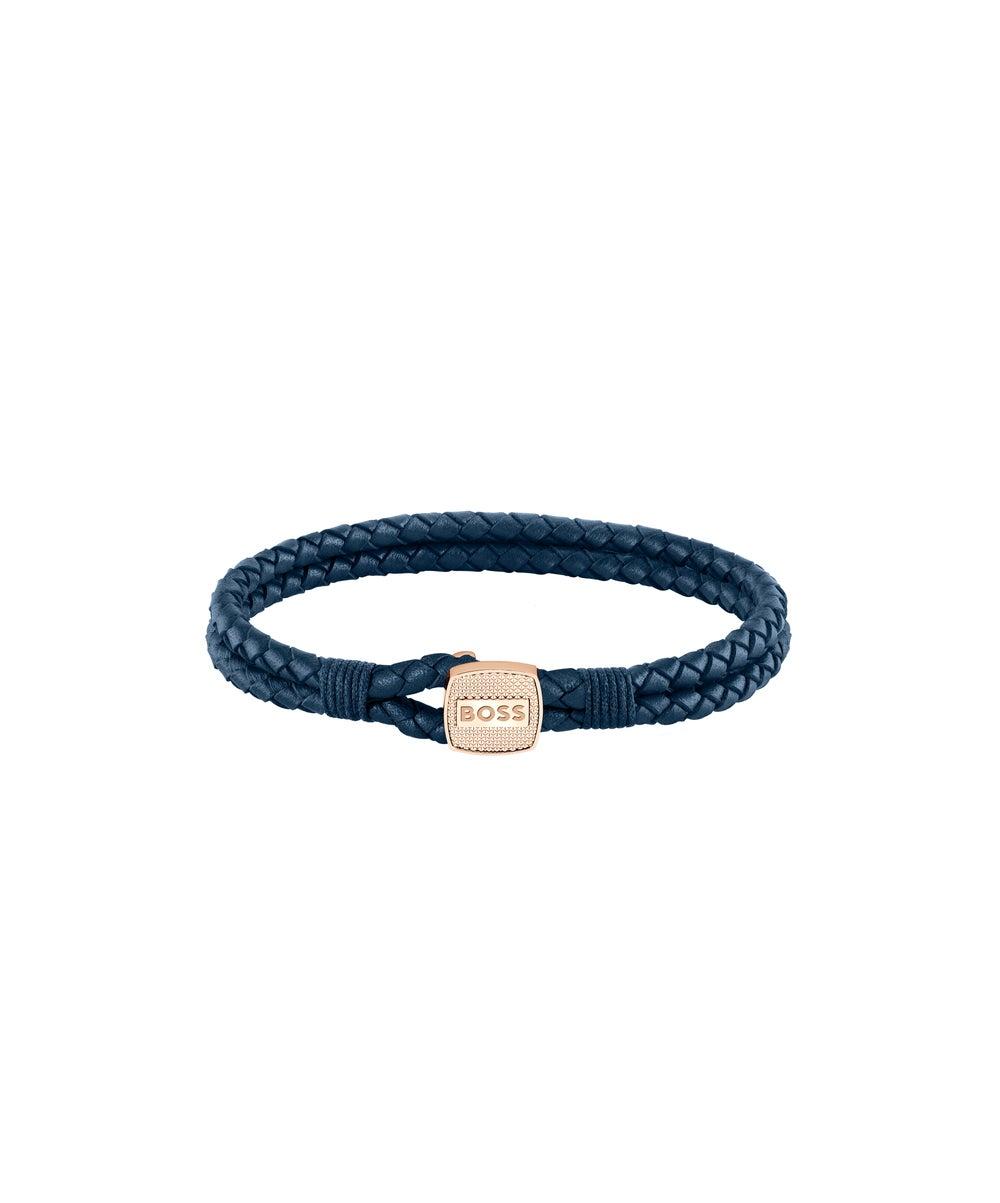 BOSS Blue Leather & Rose Gold-Plated Bracelet - Image 1