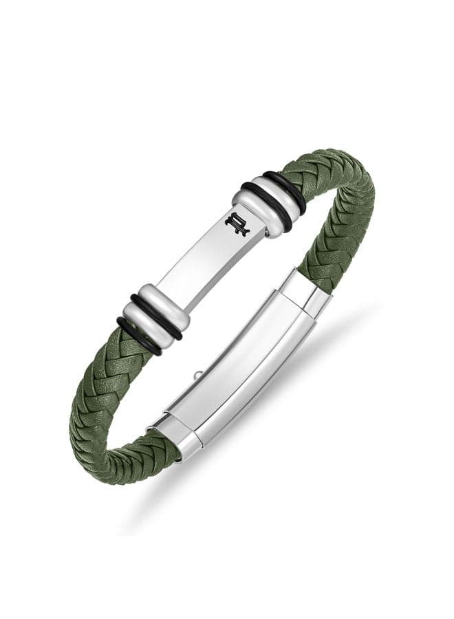 POLICE 180 Highbridge: Green Leather & Steel Bracelet for Men - Image 1