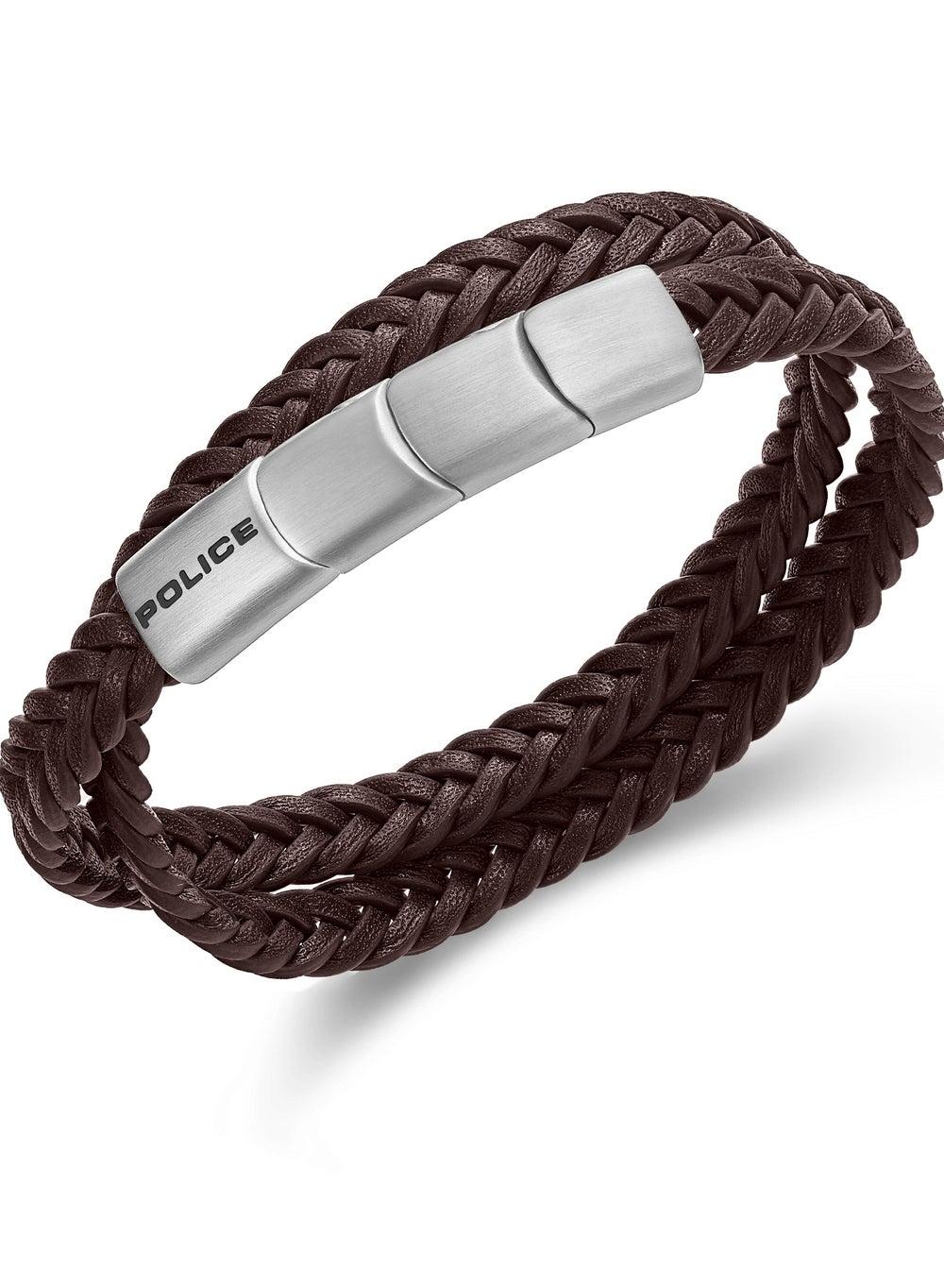POLICE Braid Dark Brown Leather & Steel Bracelet for Men - Image 1